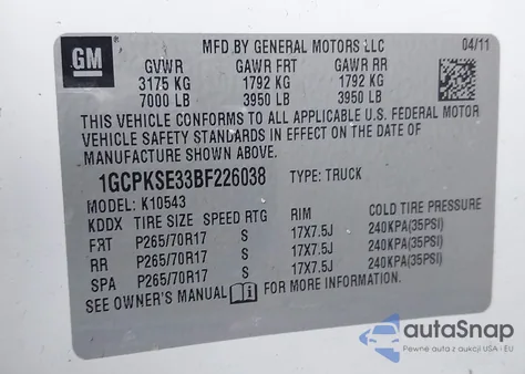 2011 Chevrolet Silverado 1500 Lt z USA, uszkodzony, nr VIN 1GCPKSE33BF226038